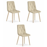 Fluwelen stoel - 3 stuks - licht beige - houtkleurige poten