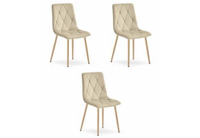 Fluwelen stoel - 3 stuks - licht beige - houtkleurige poten