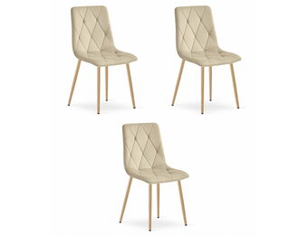 Fluwelen stoel - 3 stuks - licht beige - houtkleurige poten