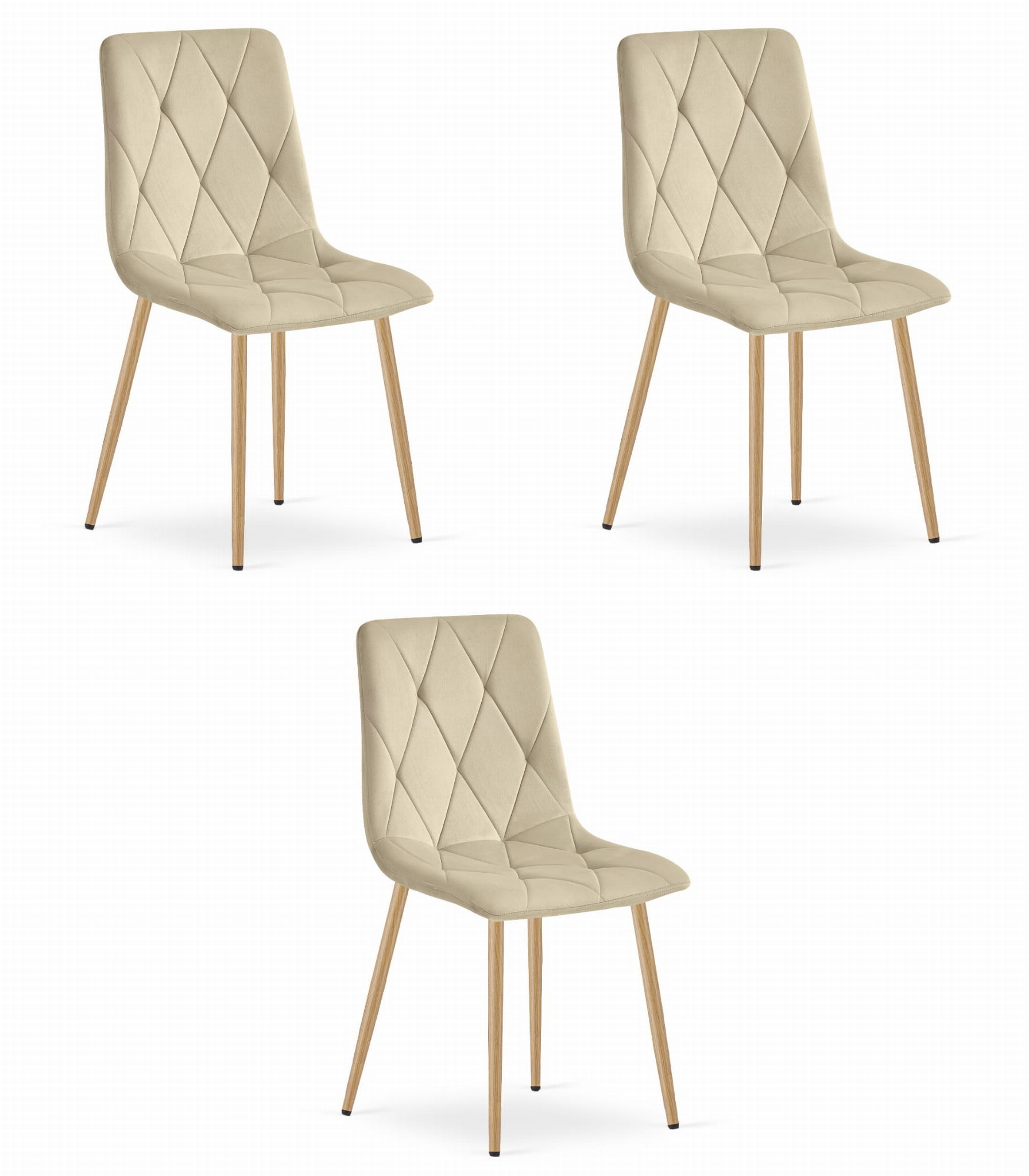 Fluwelen stoel - 3 stuks - licht beige - houtkleurige poten