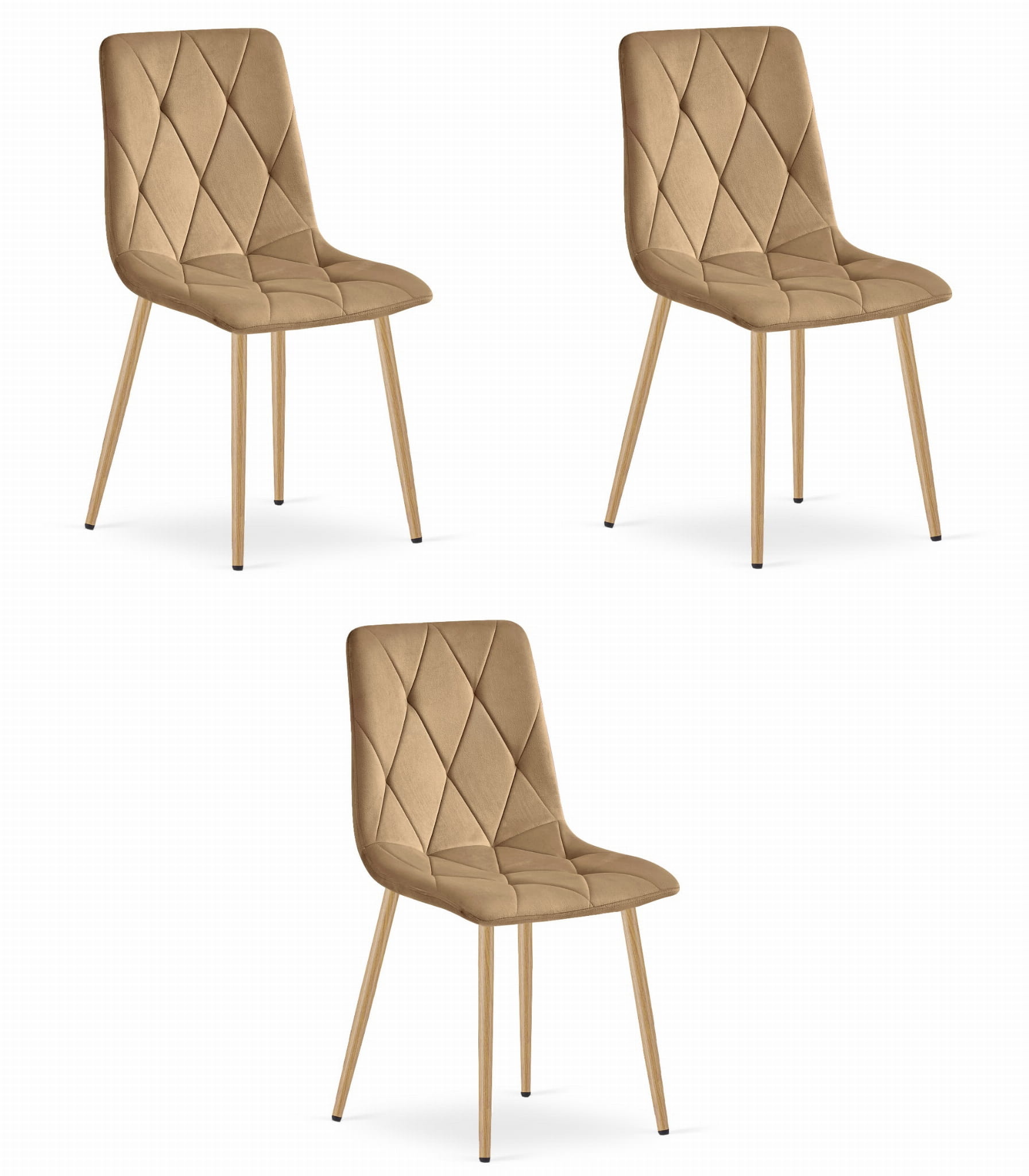 Fluwelen stoel - 3 stuks - bruin - houtlook poten