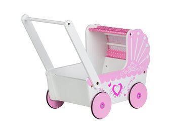Poppenwagen - hout - roze kap - antislip wielen