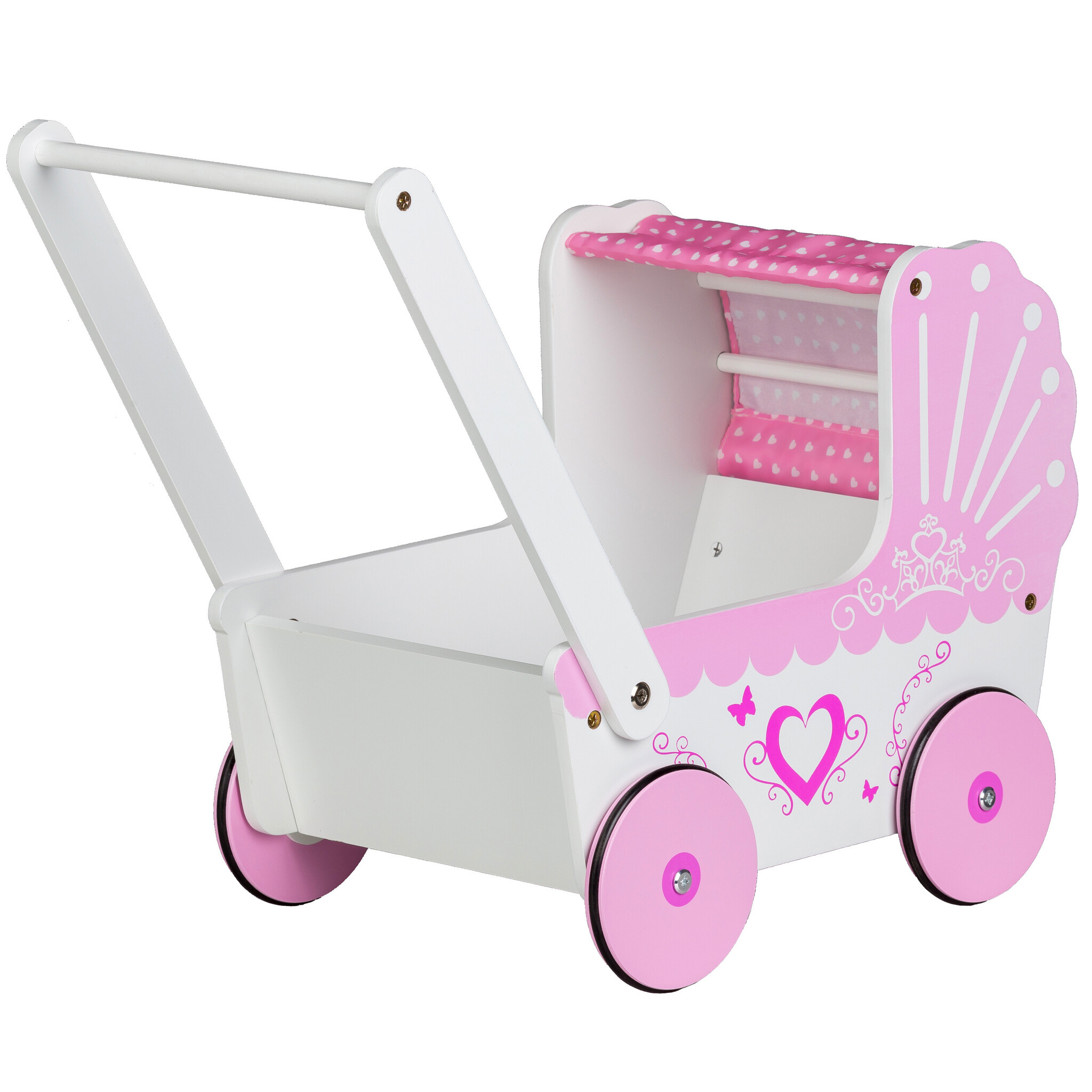 Poppenwagen - hout - roze kap - antislip wielen