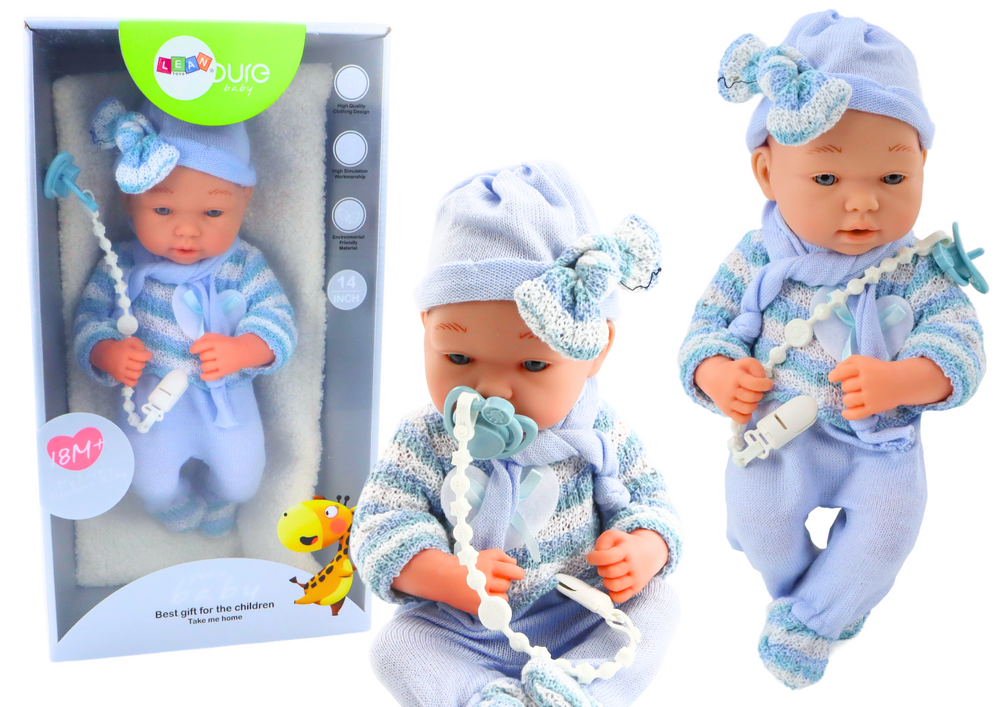 Baby pop - blauwe kleding - beweegbaar - 36cm x 17cm x 9cm