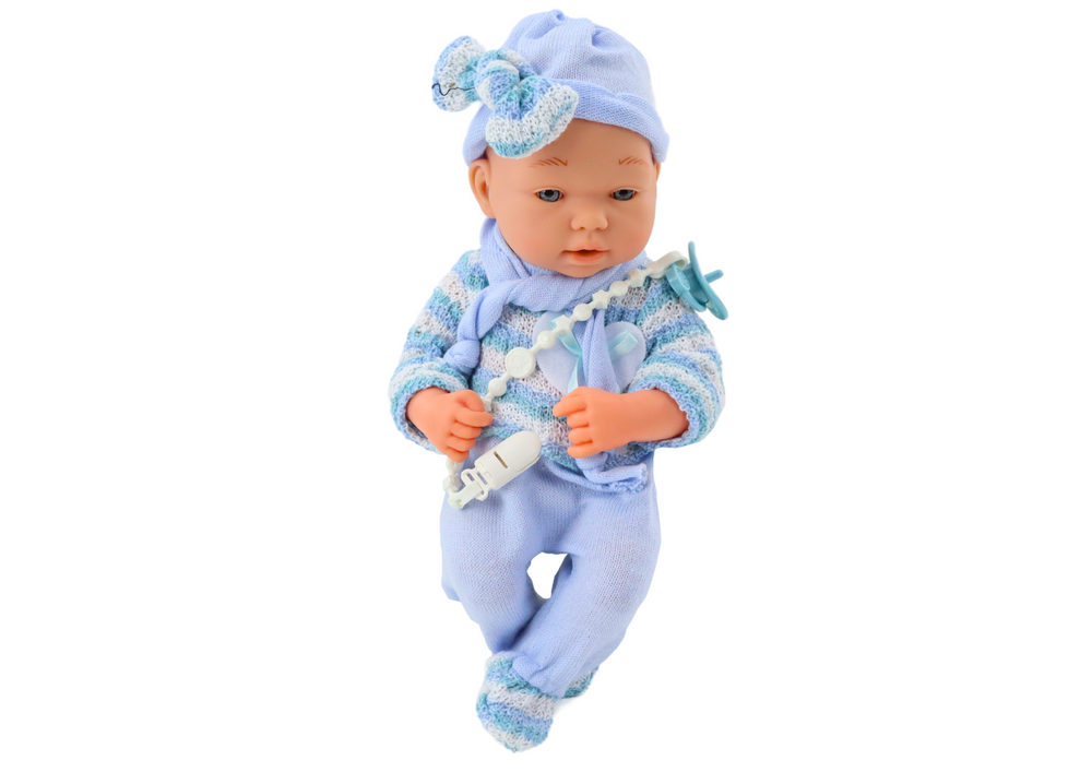 Baby pop - blauwe kleding - beweegbaar - 36cm x 17cm x 9cm