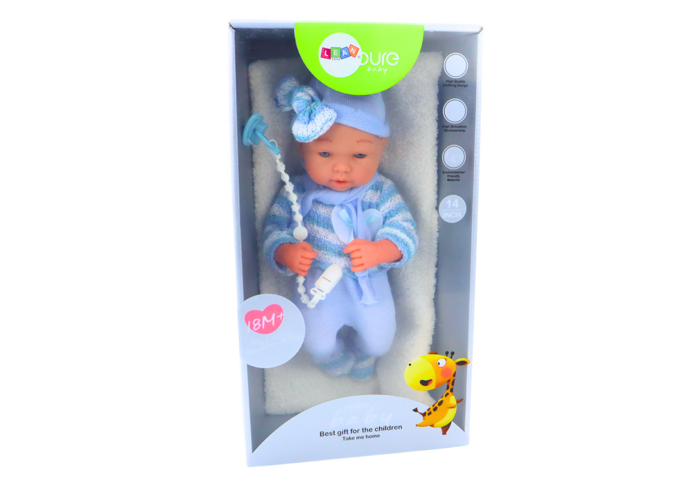 Baby pop - blauwe kleding - beweegbaar - 36cm x 17cm x 9cm