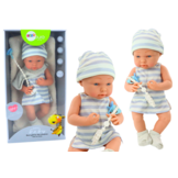 Babypop - blauw/wit outfit - beweegbare ledematen - incl accessoires