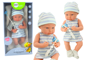 Babypop - blauw/wit outfit - beweegbare ledematen - incl accessoires