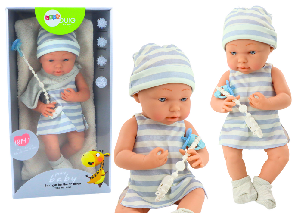 Babypop - blauw/wit outfit - beweegbare ledematen - incl accessoires
