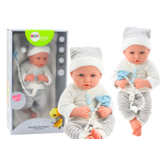 Levensechte babypop - wit/grijs gestreept - 35x16x10 cm - incl accessoires
