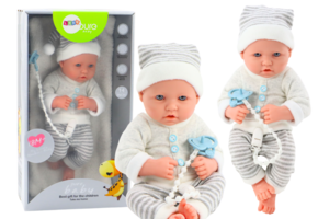 Levensechte babypop - wit/grijs gestreept - 35x16x10 cm - incl accessoires