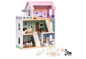 Houten poppenhuis - 3 niveaus - 4 kamers + terras - 15 meubels