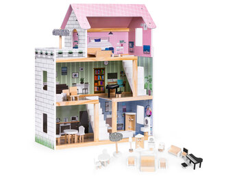 Houten poppenhuis - 3 niveaus - 4 kamers + terras - 15 meubels