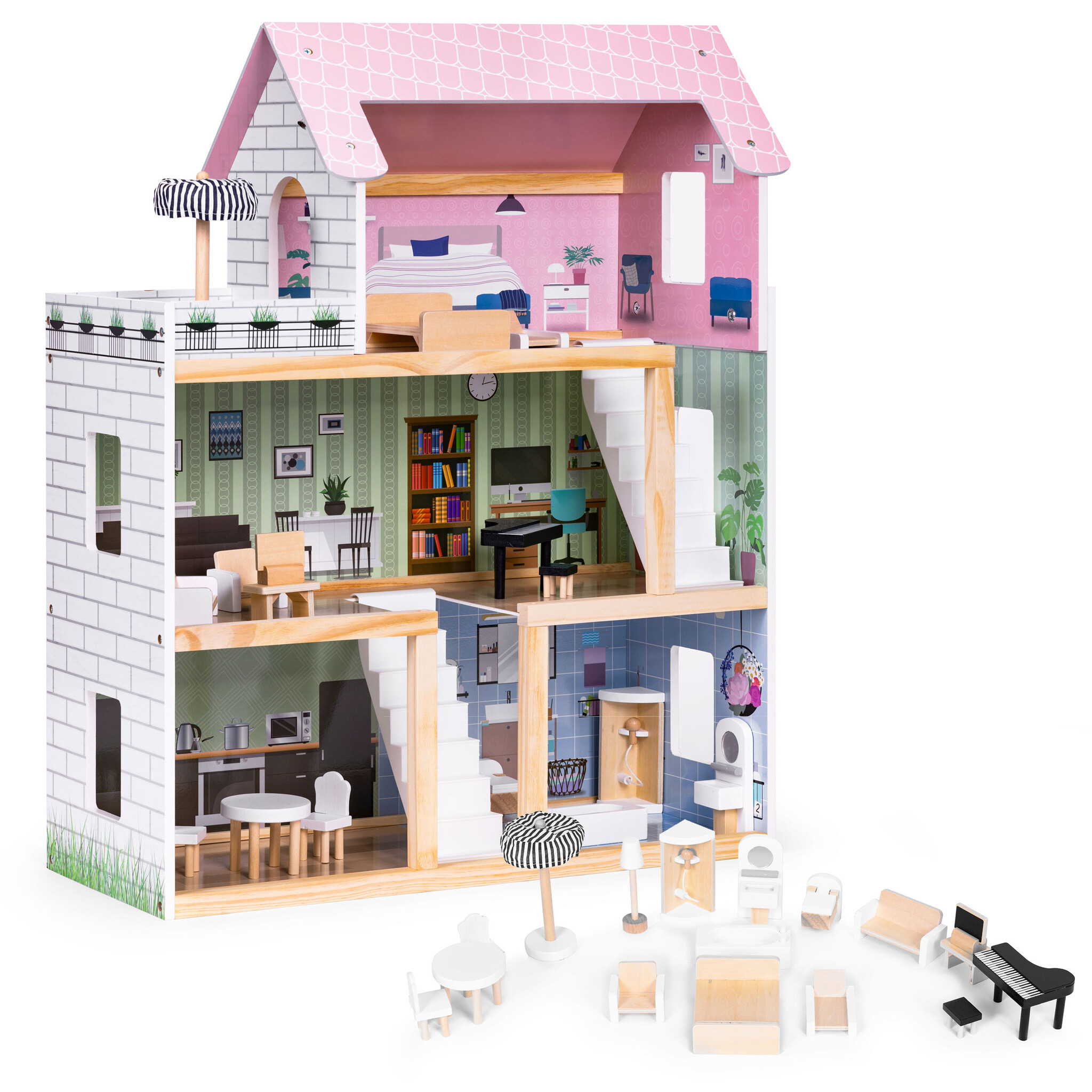 Houten poppenhuis - 3 niveaus - 4 kamers + terras - 15 meubels