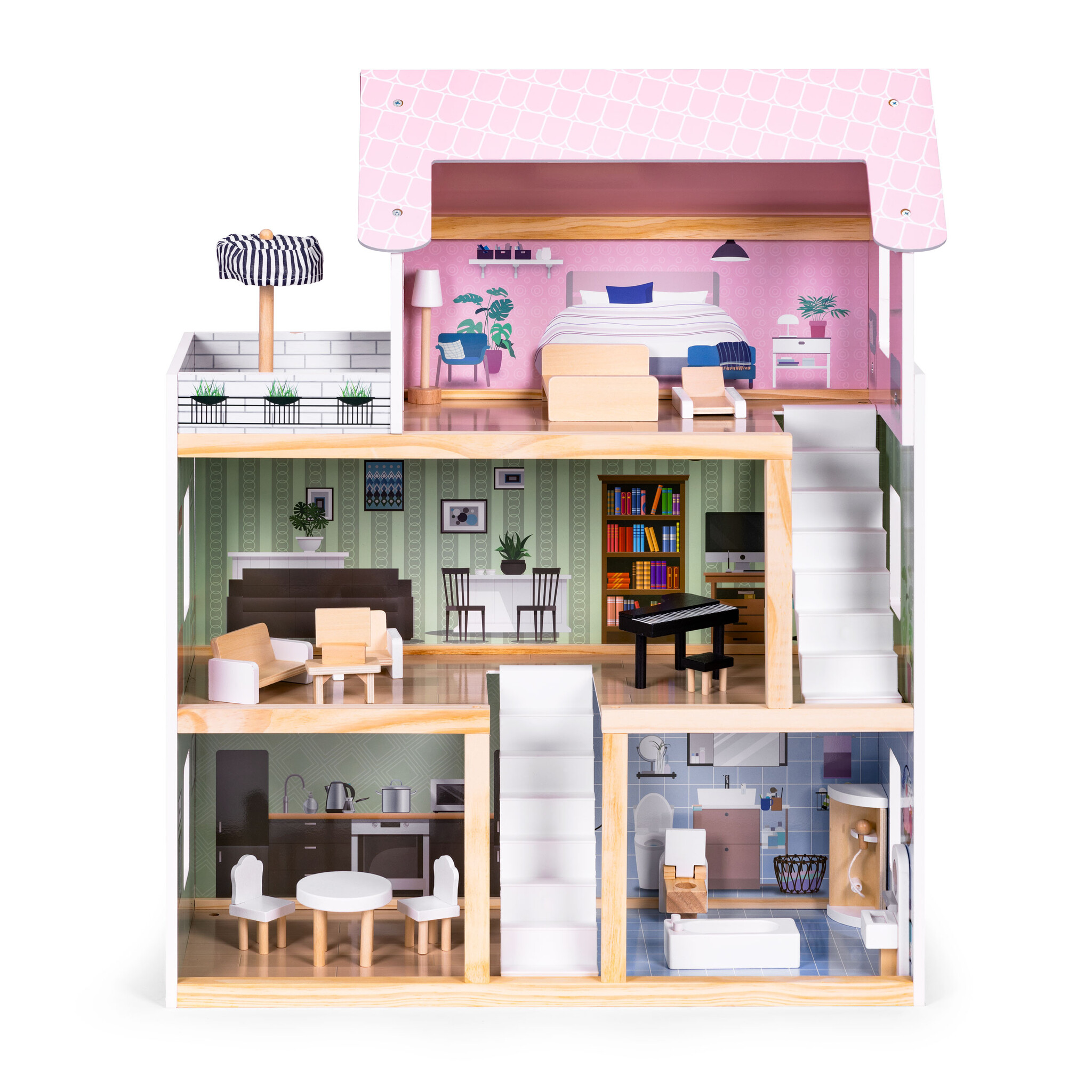 Houten poppenhuis - 3 niveaus - 4 kamers + terras - 15 meubels