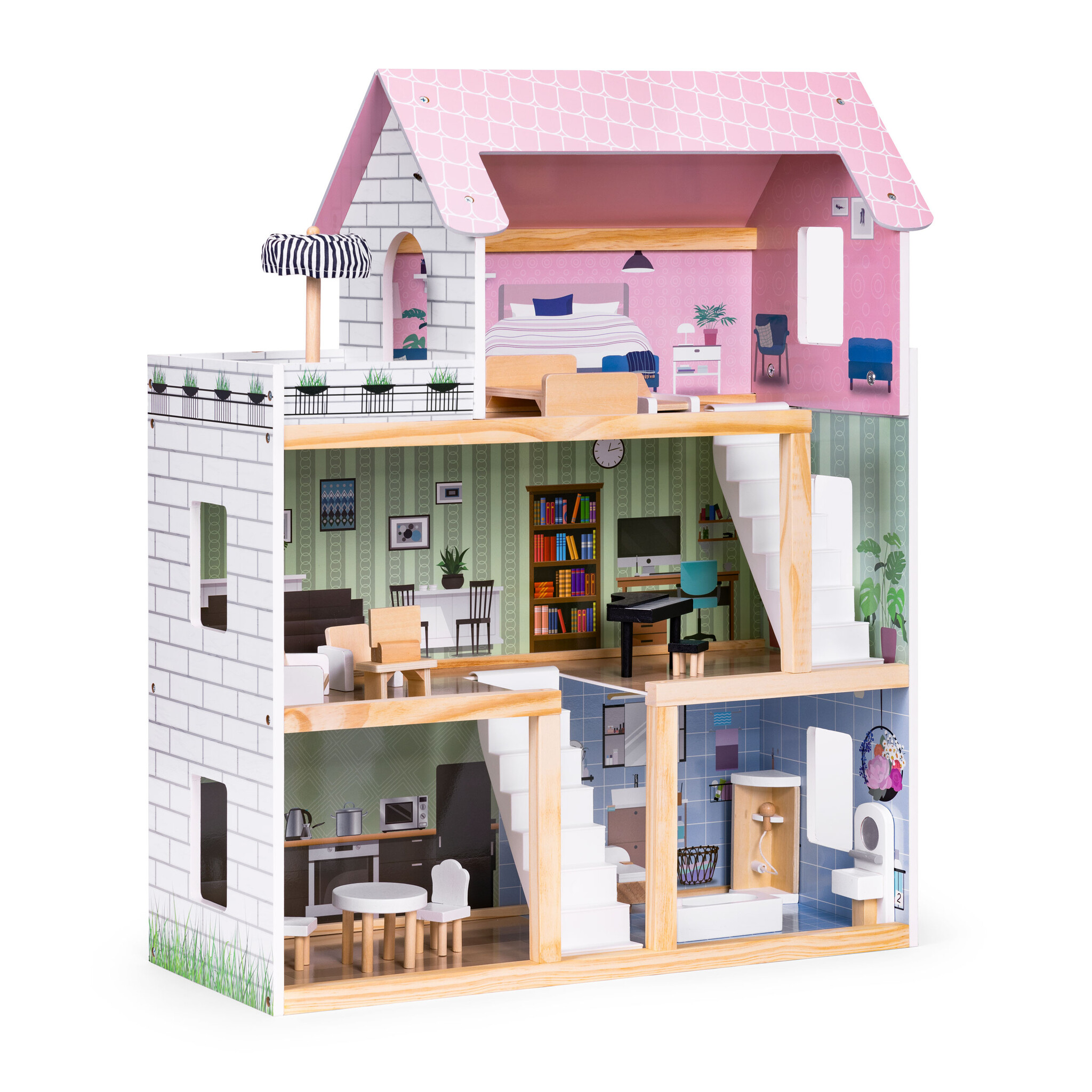 Houten poppenhuis - 3 niveaus - 4 kamers + terras - 15 meubels