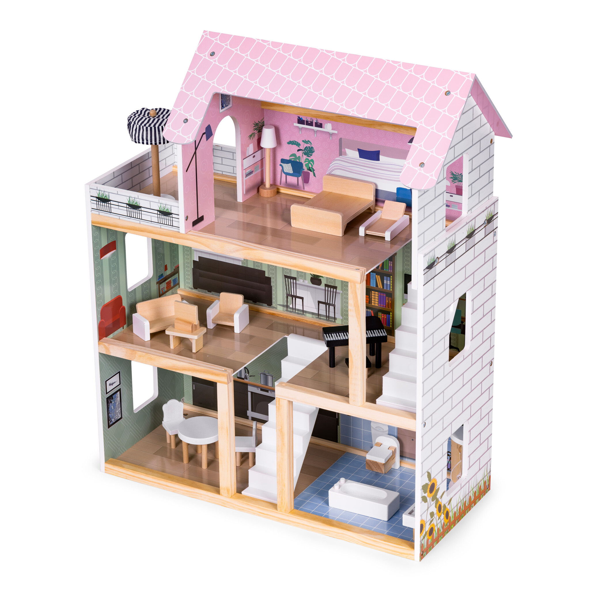 Houten poppenhuis - 3 niveaus - 4 kamers + terras - 15 meubels