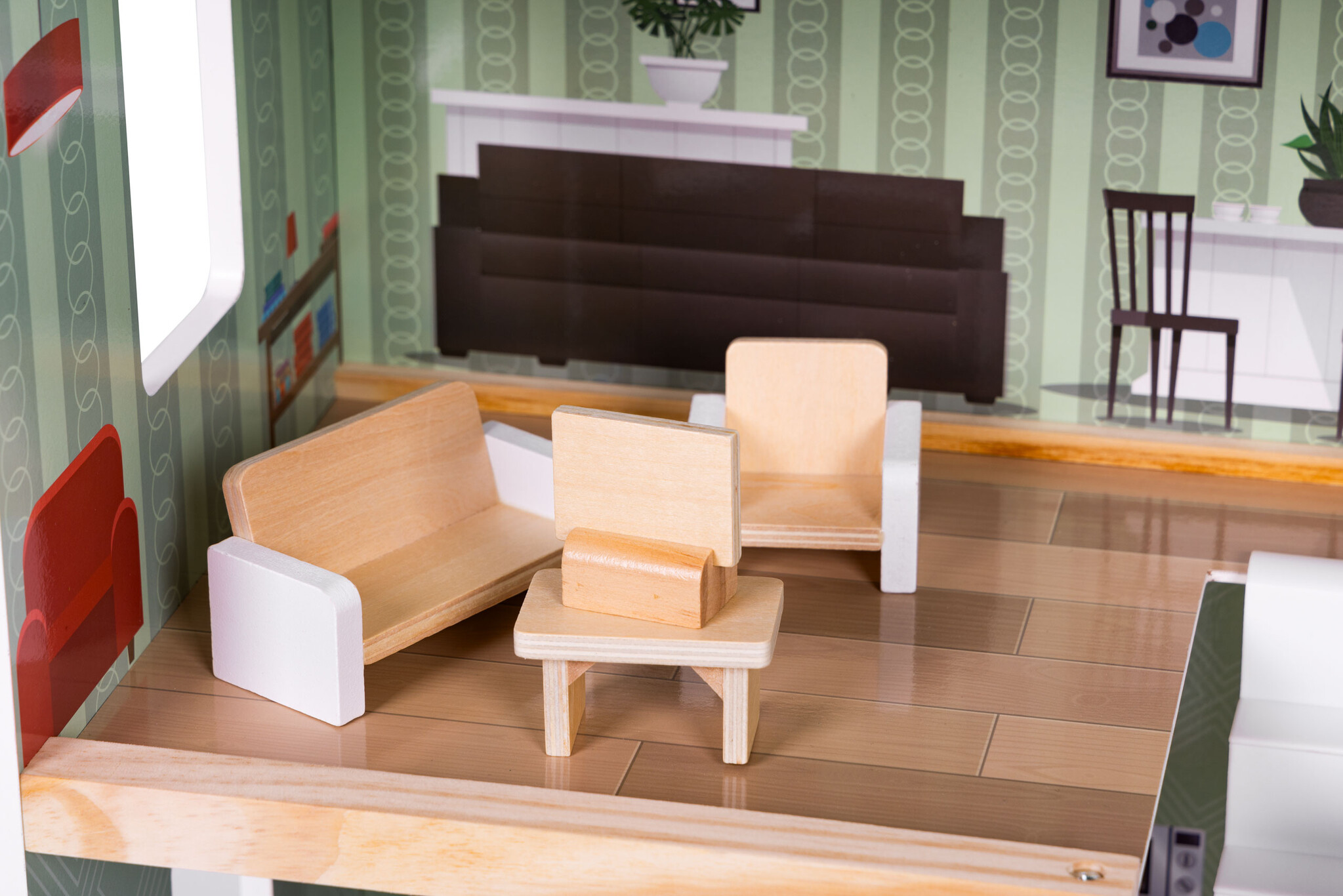 Houten poppenhuis - 3 niveaus - 4 kamers + terras - 15 meubels