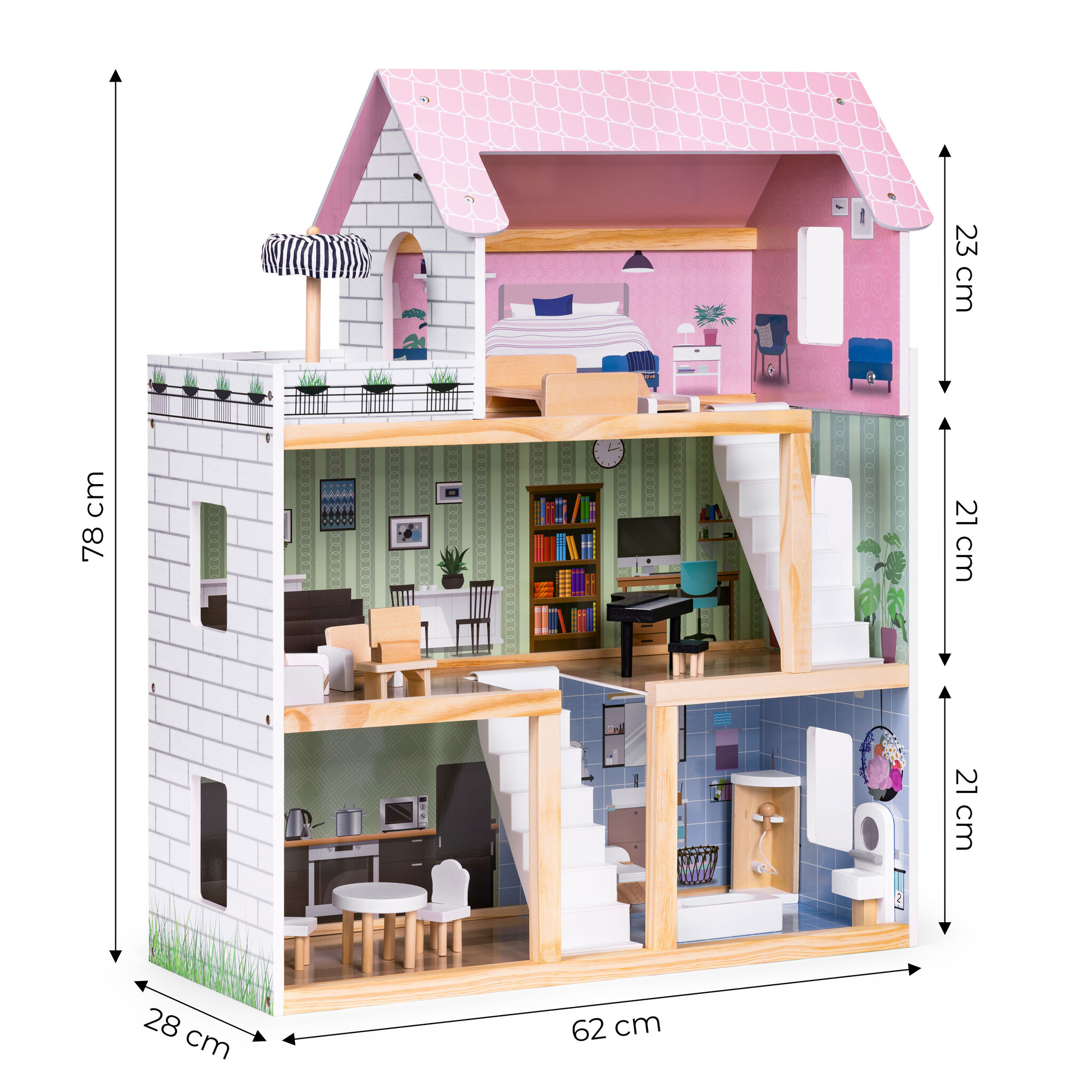 Houten poppenhuis - 3 niveaus - 4 kamers + terras - 15 meubels