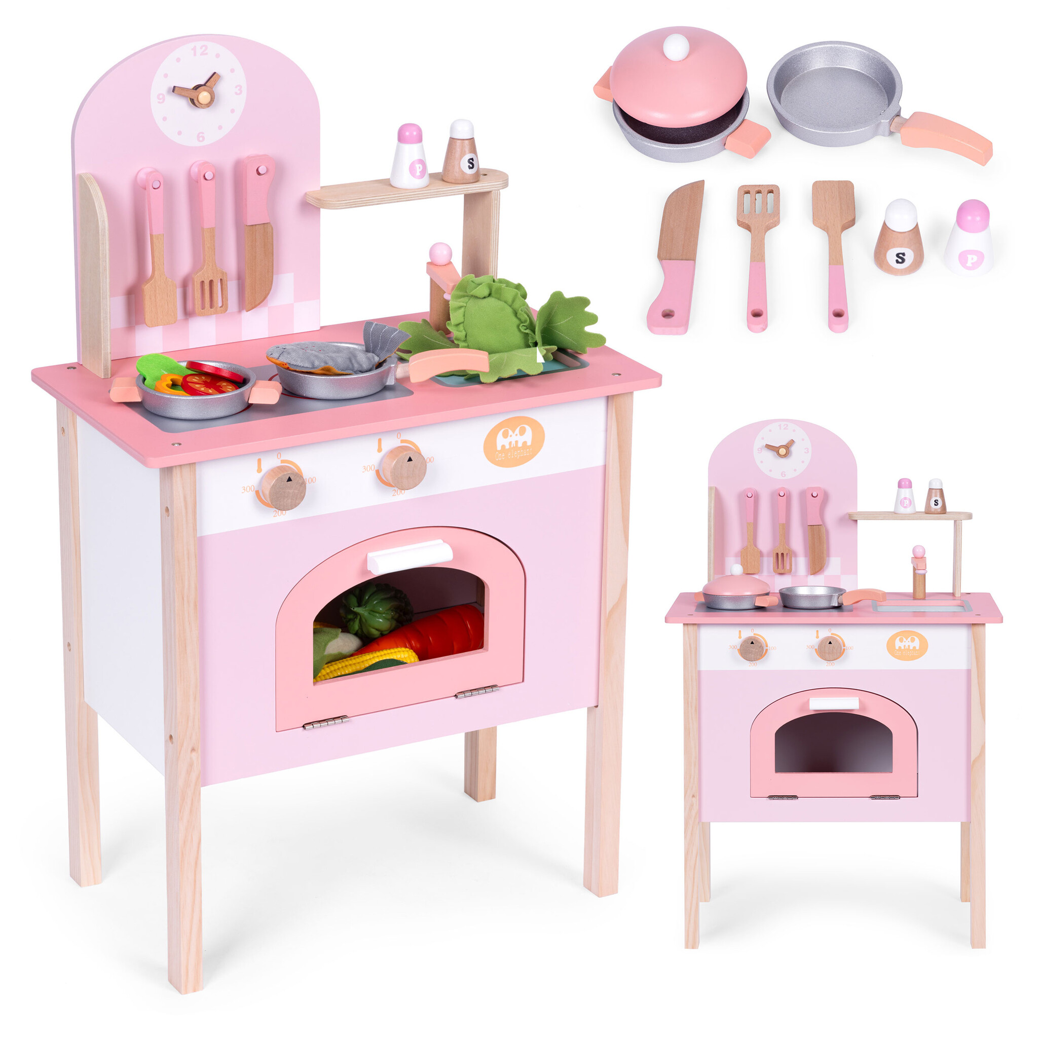 Houten speelgoed keuken - roze - compact formaat - 8 accessoires