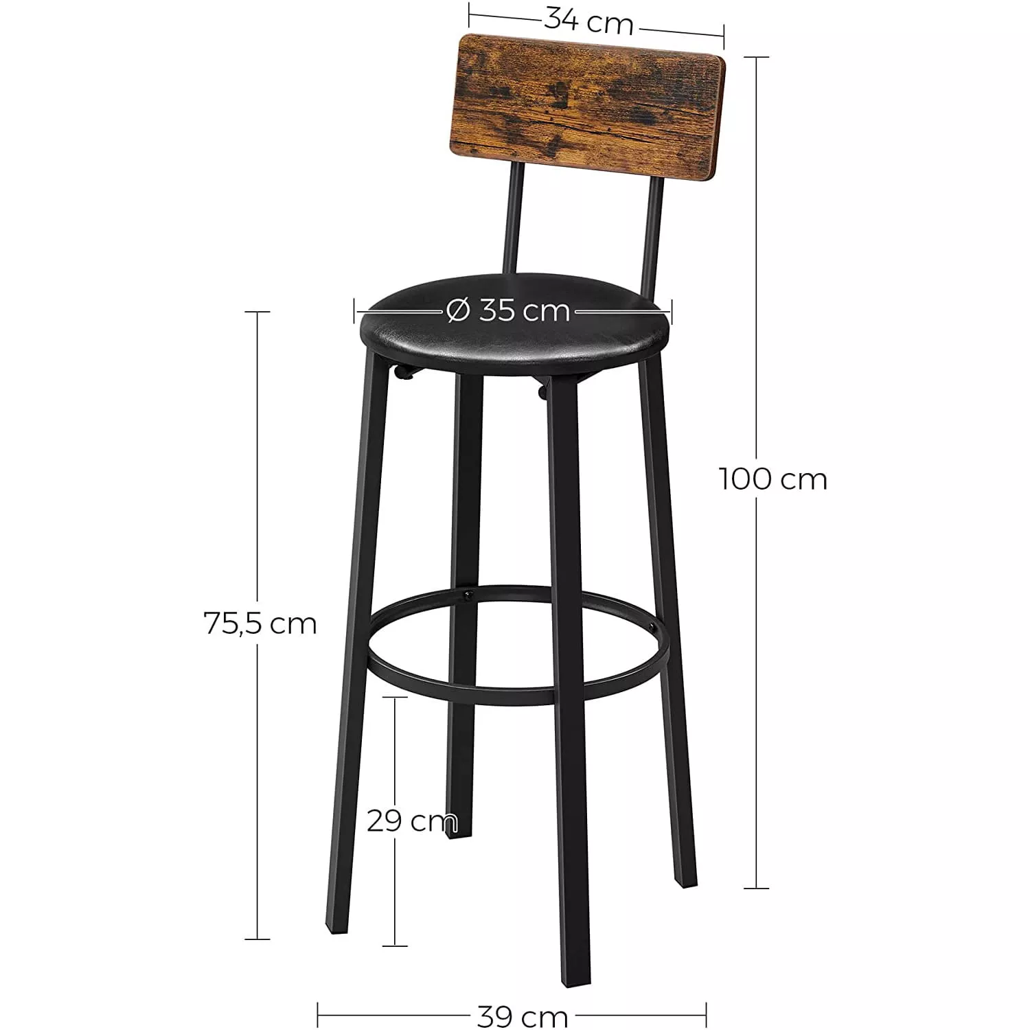 Barkruk met rugleuning - 2 stuks - rustiek bruin - 39x39x100 cm