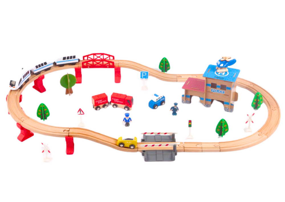 Houten treinbaan - 88-delig - inc accessoires