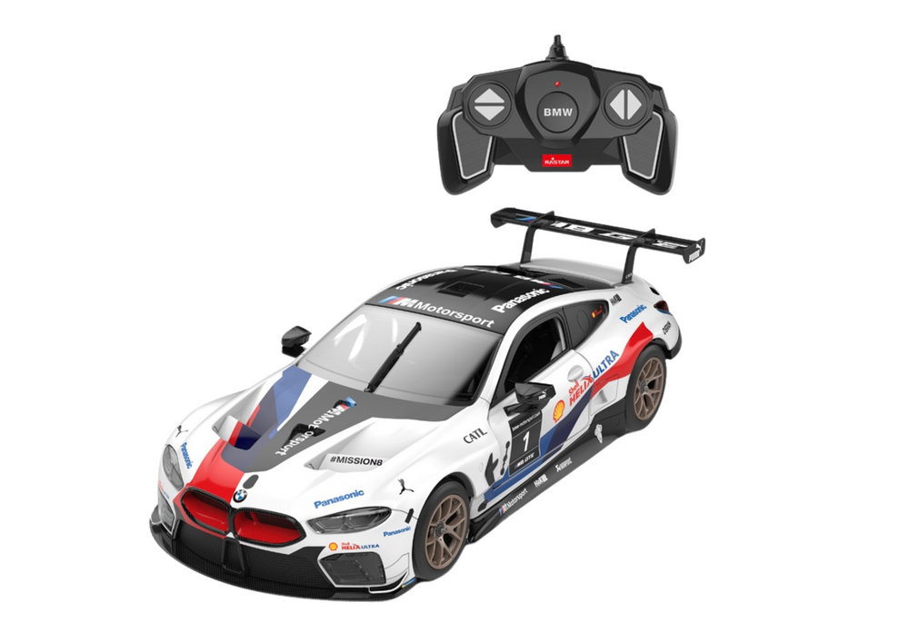 Op afstand bestuurbare raceauto - BMW M8 GTE - wit - 26x13x7 cm -