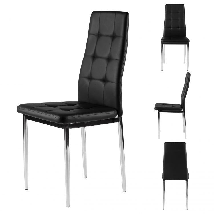 Design Eetkamerstoelen Set - 4 Moderne Stoelen met Chromen Poten - Zwart