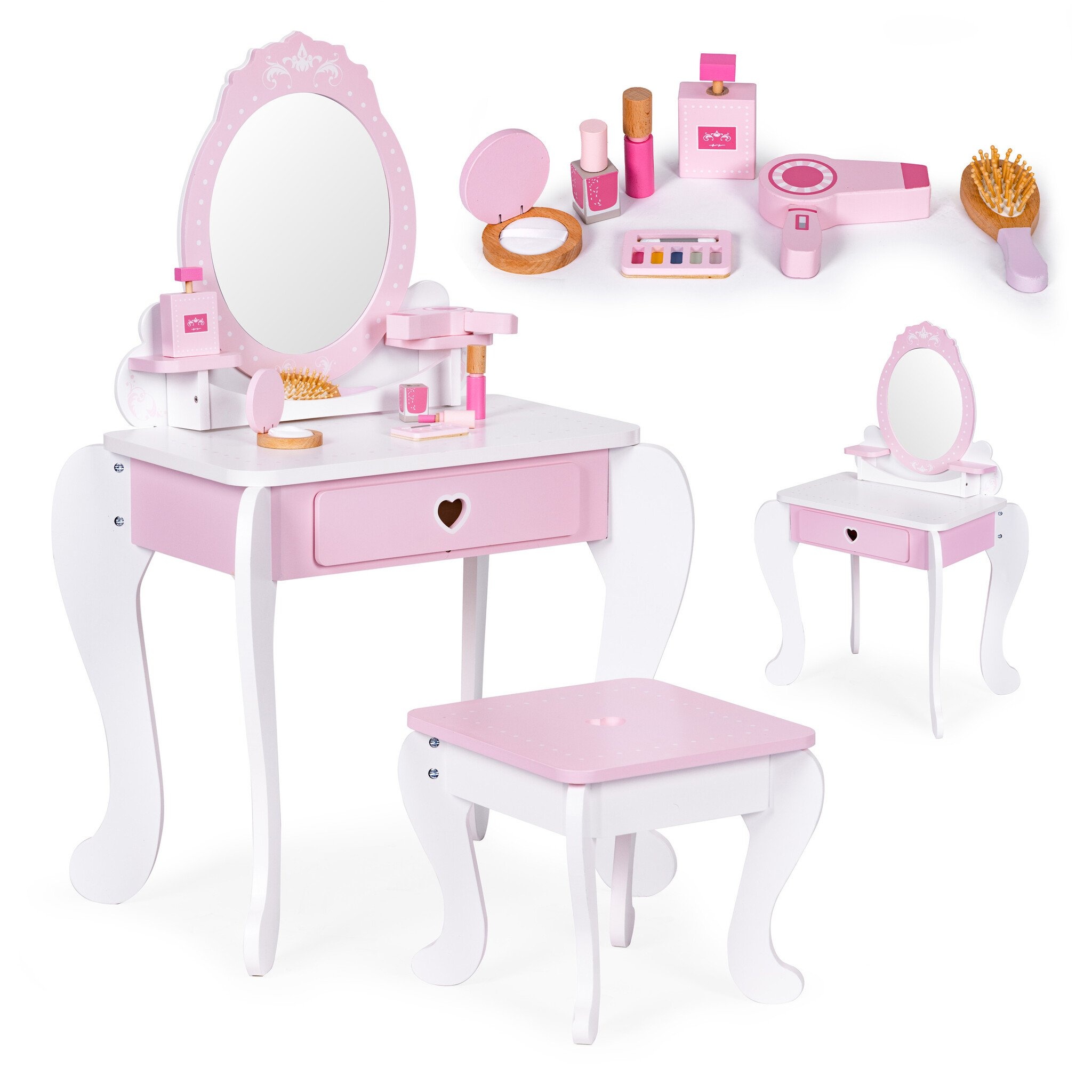 Complete Kinderkaptafel Set - Hout - Met Spiegel, Kruk en 7 Accessoires