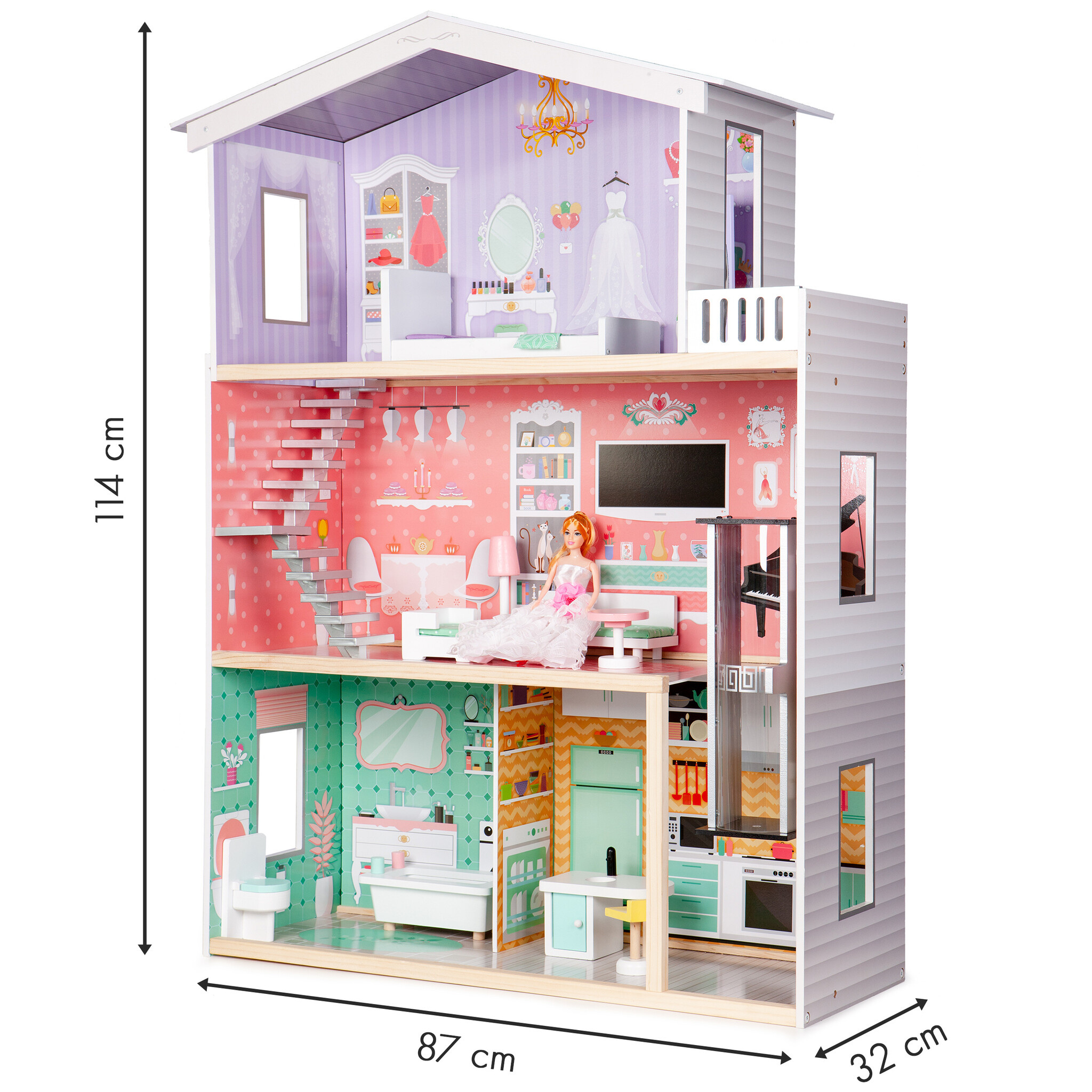 Duurzaam XL Houten Poppenhuis - Gecertificeerd Veilig - Met Lift en Meubels