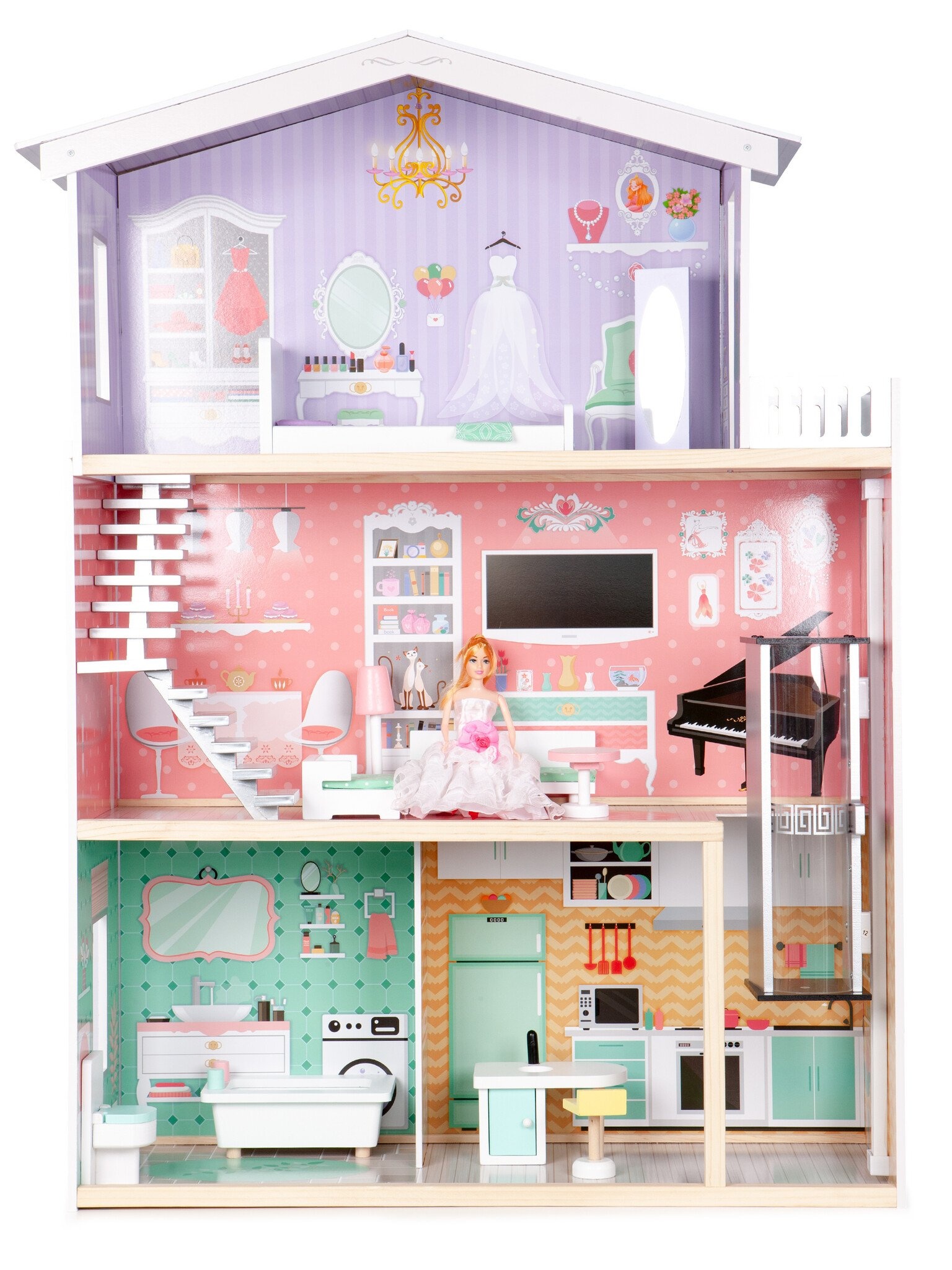 Educatief Houten Poppenhuis - 3 Verdiepingen Met Lift - CE-Gecertificeerd