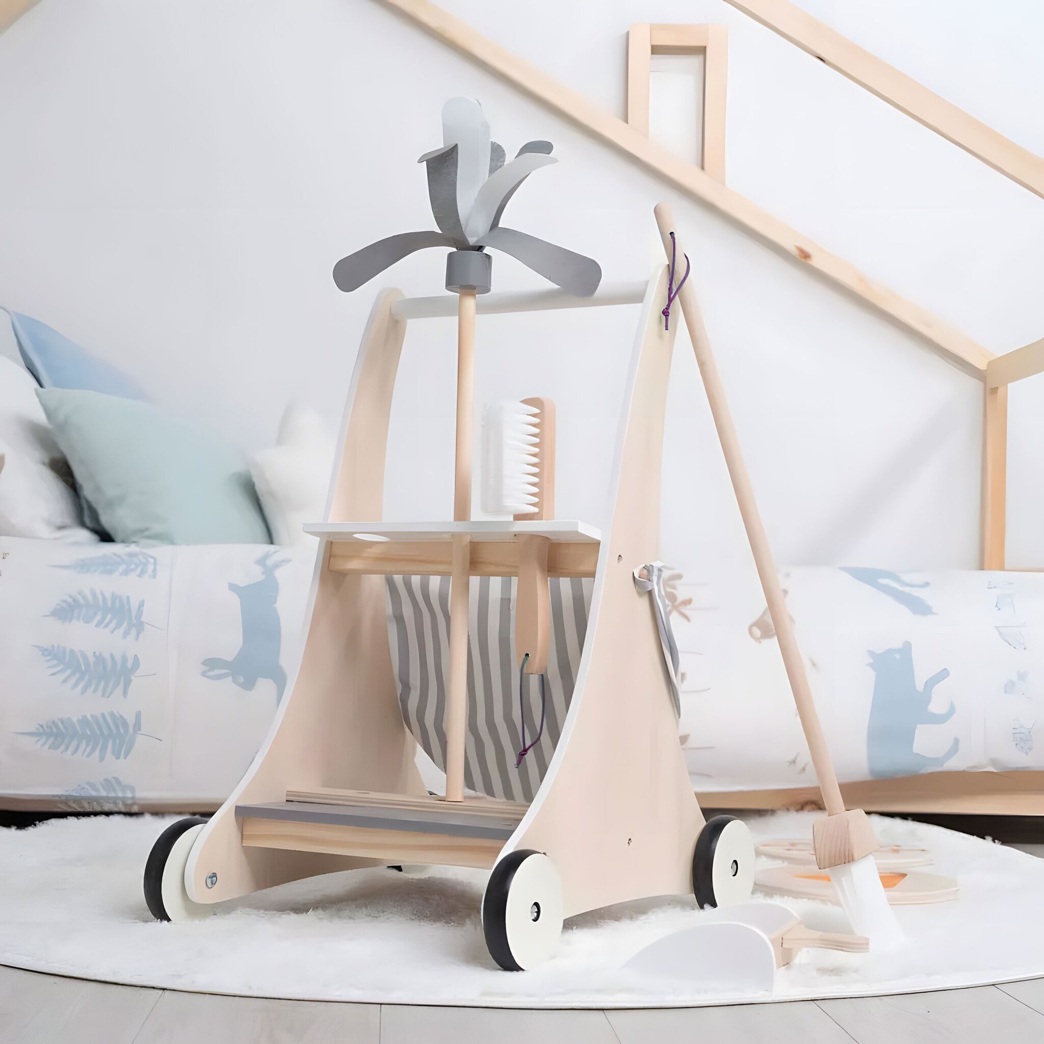 Complete Houten Schoonmaakkar met Opbergtas - Multifunctioneel Kinderspeelgoed