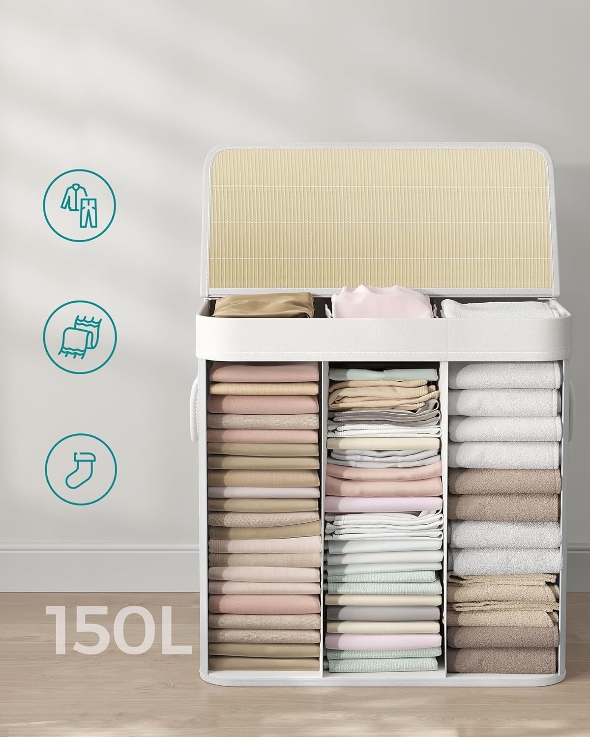 Duurzame Bamboe Wasmand 150L - Natuurlijk Wit met 3 Vakken