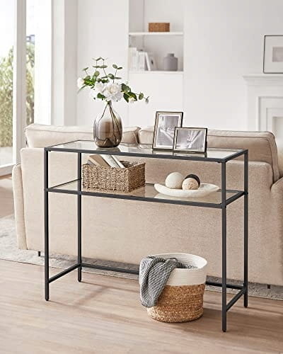 Design Glazen Sidetable - Zwart Metaal & Helder Glas - 100 cm
