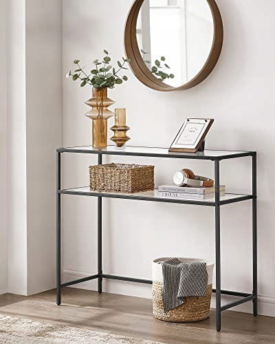 Design Glazen Sidetable - Zwart Metaal & Helder Glas - 100 cm