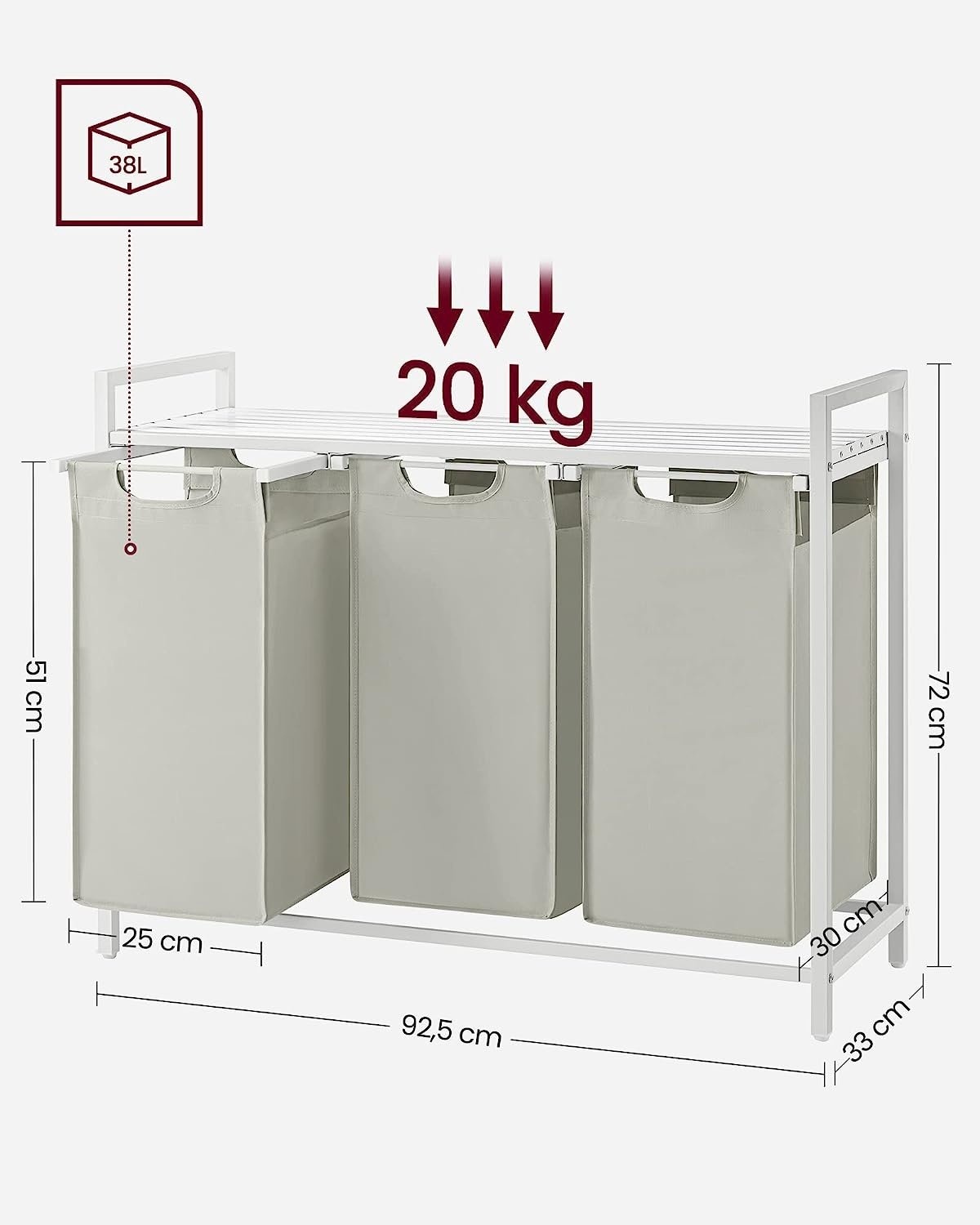 Praktische Wasorganizer 114L - Drievaks Wasmand met Werkblad - Wit