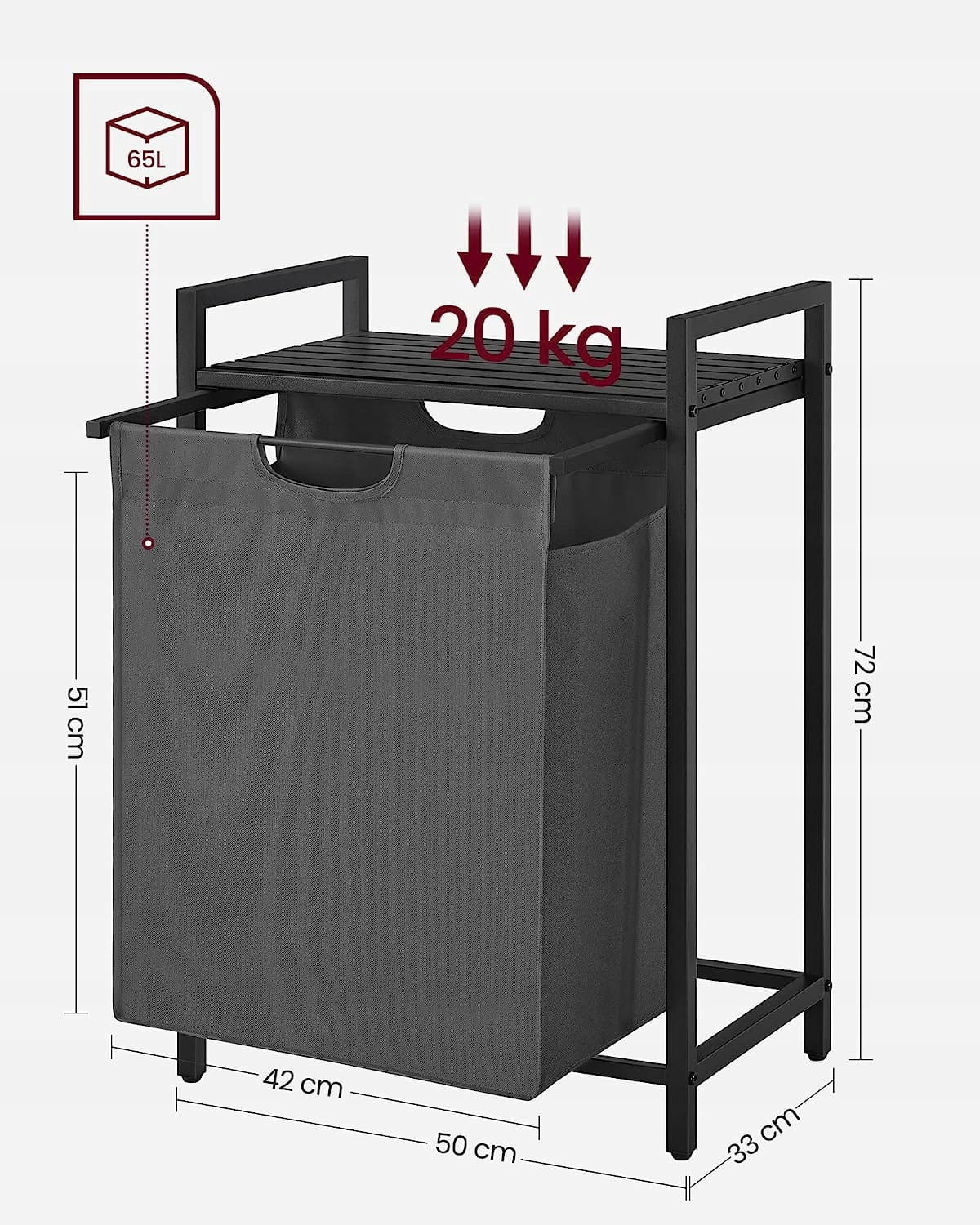 Multifunctionele Wasmand 65L - Opbergmeubel Grijs - MDF/Staal Constructie