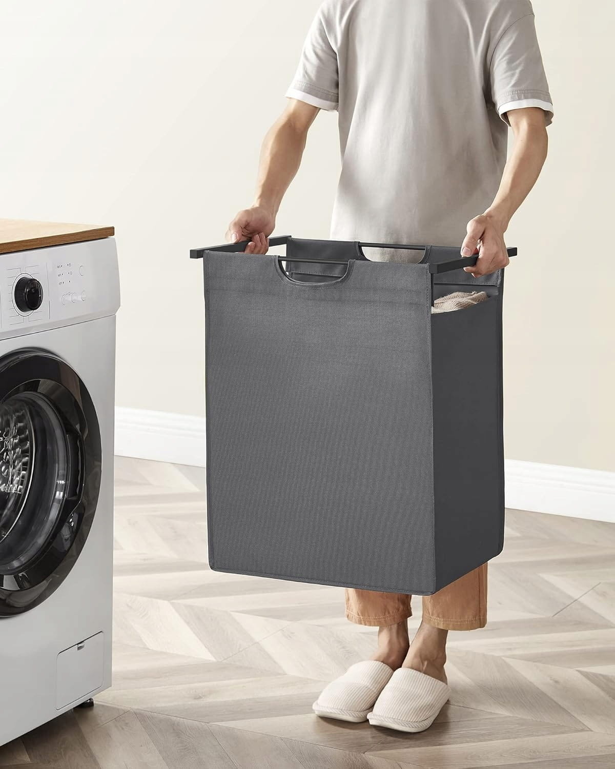 Multifunctionele Wasmand 65L - Opbergmeubel Grijs - MDF/Staal Constructie