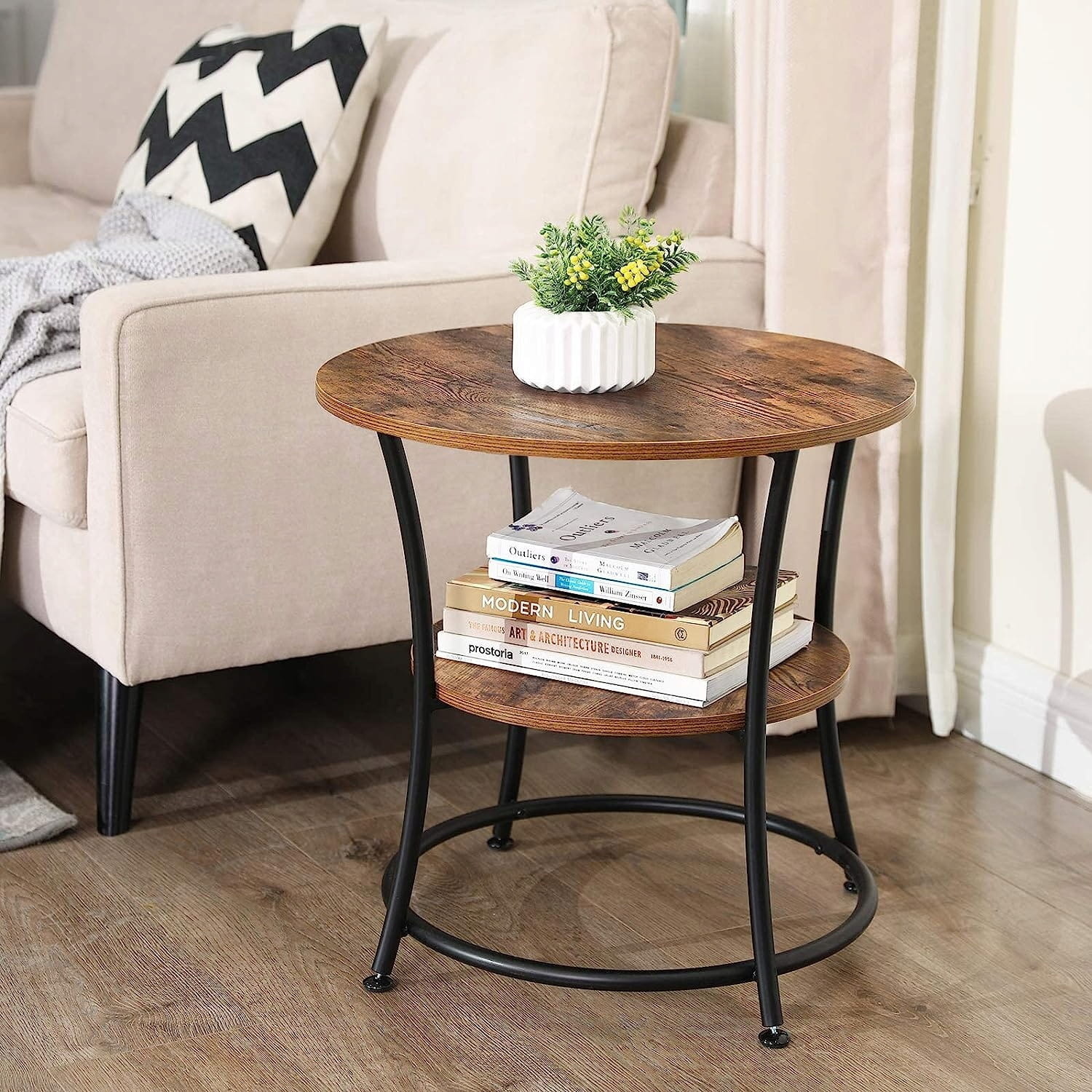 Ronde Salontafel Metaal - Rustiek Bruin Tafelblad - 2-laags Design
