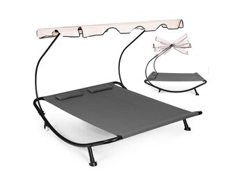 Luxe Tweepersoons Loungebed met Zonneluifel - Grijs Design Ligbed voor Koppels