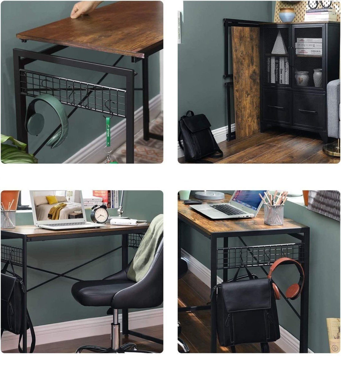 Compact Bureau met Opberghaken - Industrieel Design - 120x60cm