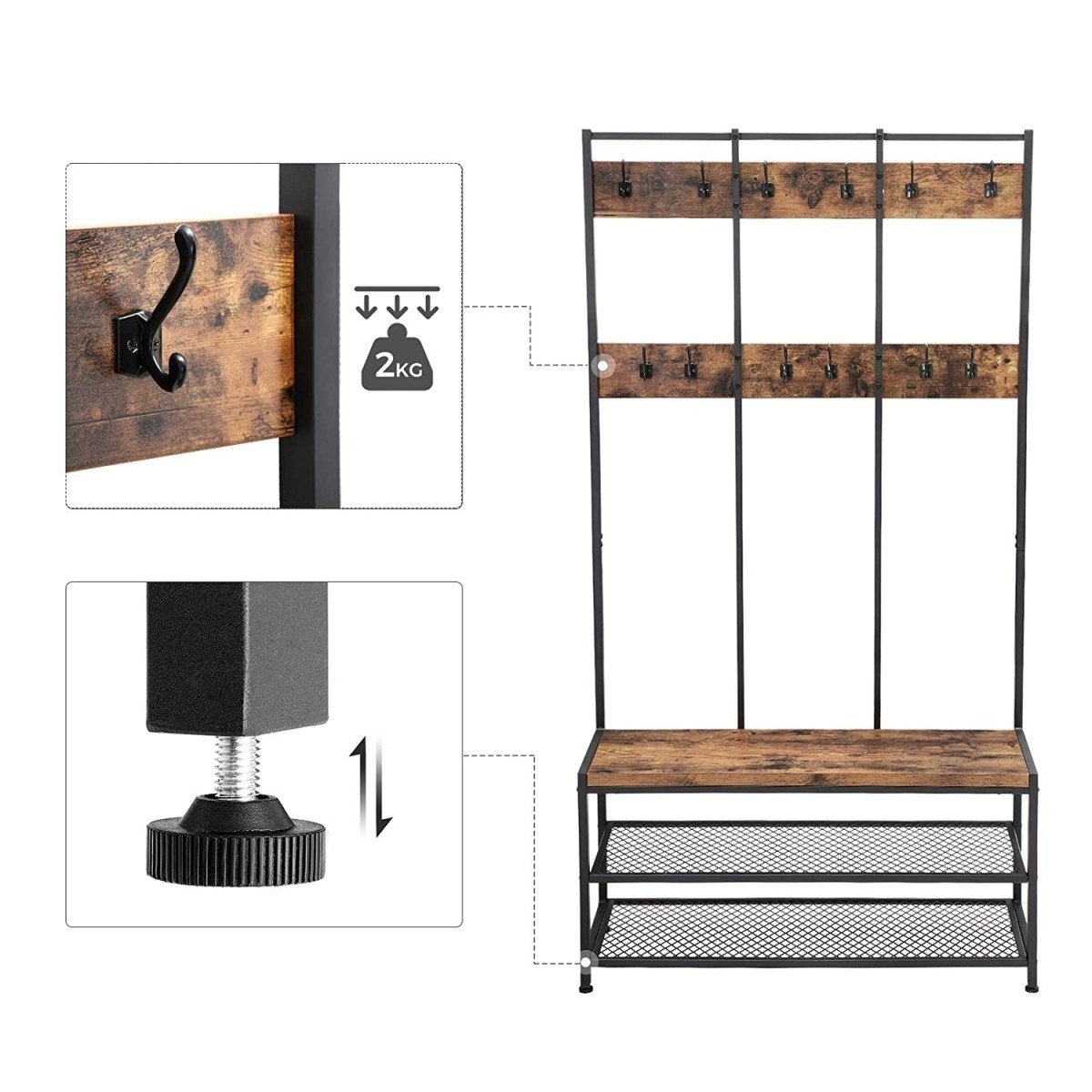 Vintage Kapstok met Opbergruimte - Industrieel Design - Rustiek Bruin