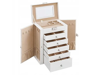 Luxe Sieradenkast Wit met Spiegel - Design Opbergdoos voor Sieraden