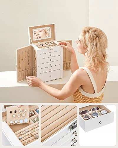 Elegante Witte Sieradencassette met Spiegel - Perfect Geschenk
