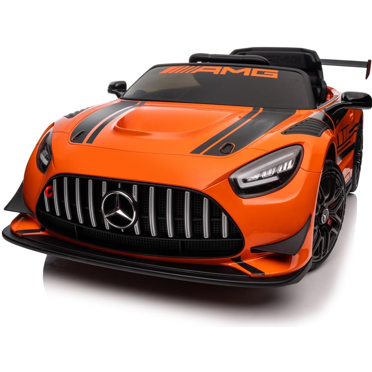 Elektrische kinderauto - oranje - Mercedes AMG GT3 - draaibaar stuur - veiligheidsgordels