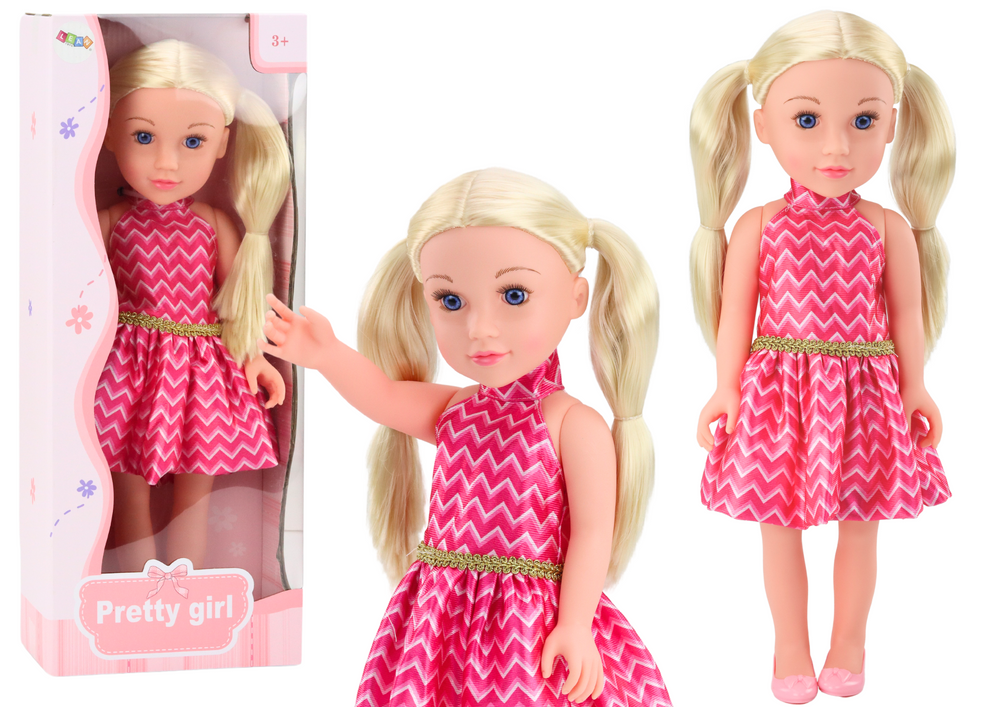 Grote pop - 48cm hoog - blond haar - roze jurk