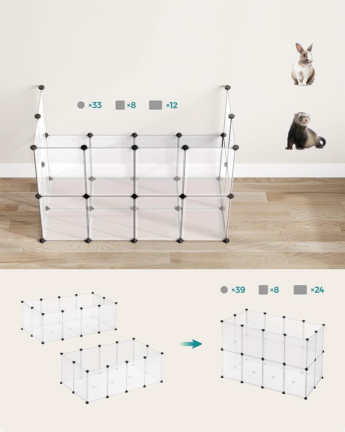 Dierenhok - kleurloos/zwart - 125x63x42 cm - voor kleine huisdieren