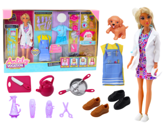 Poppenset 4-in-1 - dokter, kapster, kok, dierenliefhebber - 49x32.5x6 cm