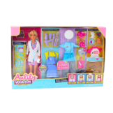 Poppenset 4-in-1 - dokter, kapster, kok, dierenliefhebber - 49x32.5x6 cm