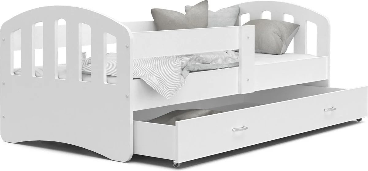 Kinderbed 90x200 cm - houten bed met lade en matras - wit